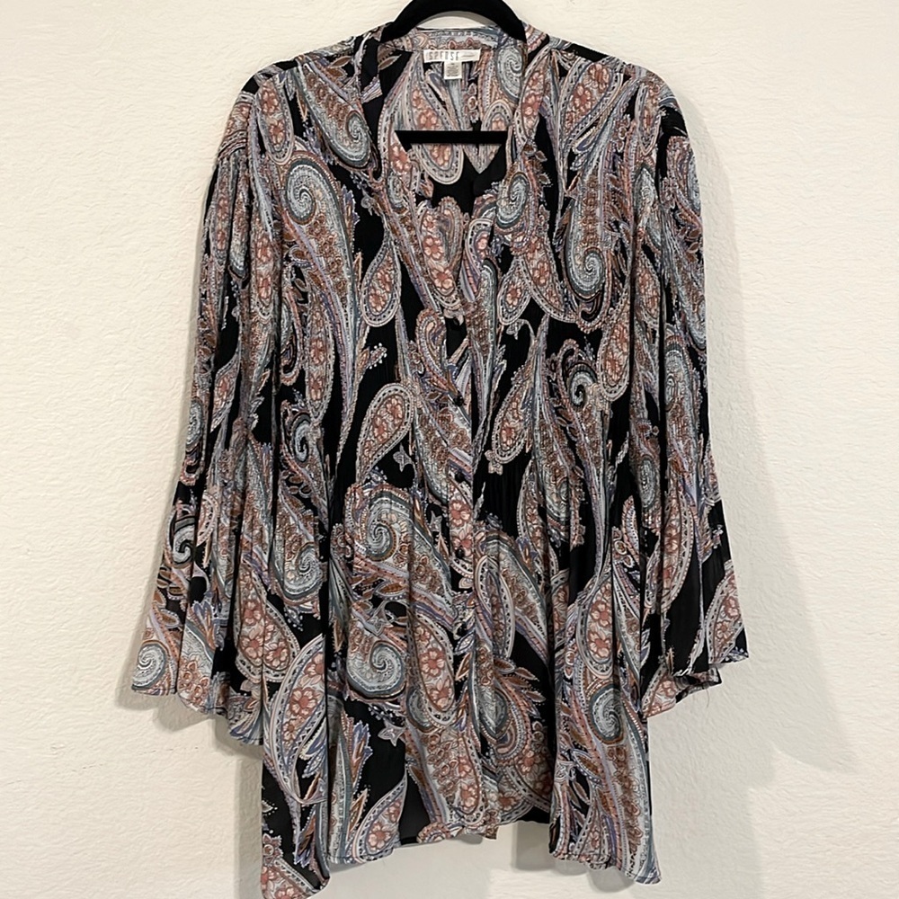 Spense Women's Button Front Shirt 3X Black Paisley Stretch Smock Body Longline